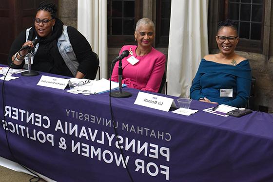 Photo of three women sitting on a panel for Pennsylvania Center for Women and Politics. 